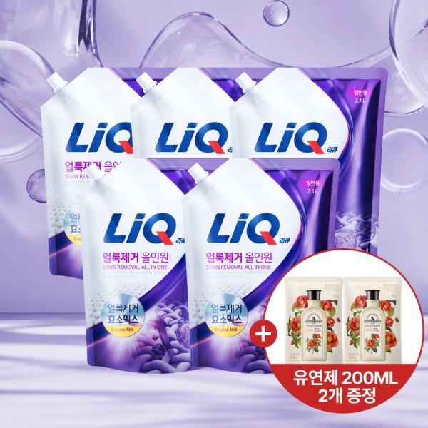 리큐 얼룩제거 올인원 세탁세제 2.1L 파우치 5개+유연제 200ML 2개