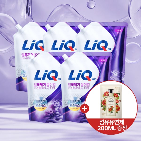 리큐 얼룩제거 올인원 세탁세제 2.1L 파우치 5개+유연제 200ML
