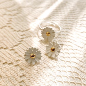 14K 국화 데이지 꽃 목걸이 귀걸이 반지 3종 세트