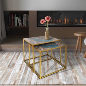 골드 앰버 세트 컬러마블링 인테리어 사각 2개 티테이블 골드빈티지프레임 사이드 커피탁자