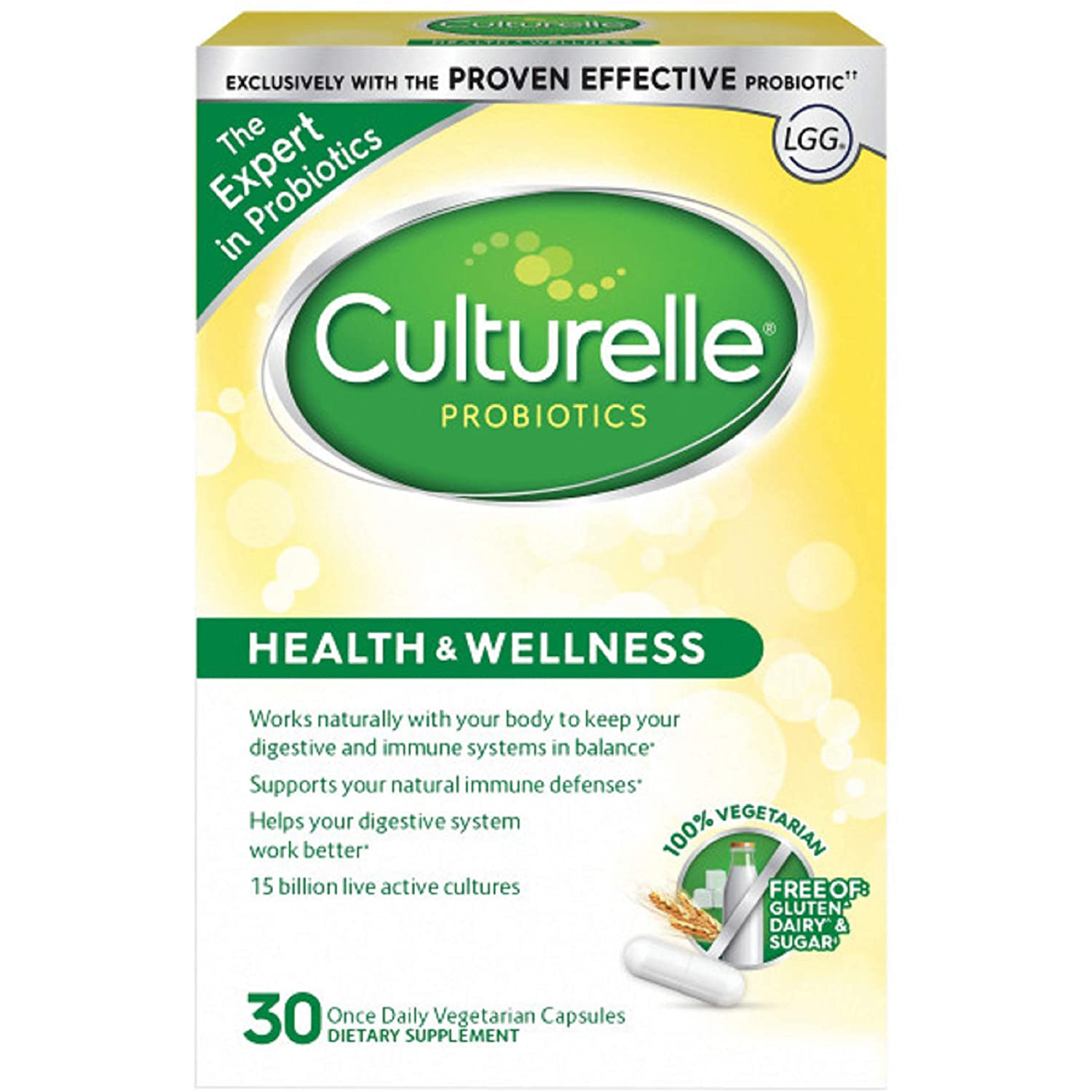 컬처렐 GG <b>유산균</b>제 30캡슐 Culturelle Probiotics Health &amp; Wellness 채식주의자용 식물성 캡슐 LGG