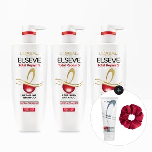 로레알파리 토탈 리페어 5 대용량 샴푸 620ml 3개 + 본드리페어 헤어팩 100ml + 버건디 스크런치 증정