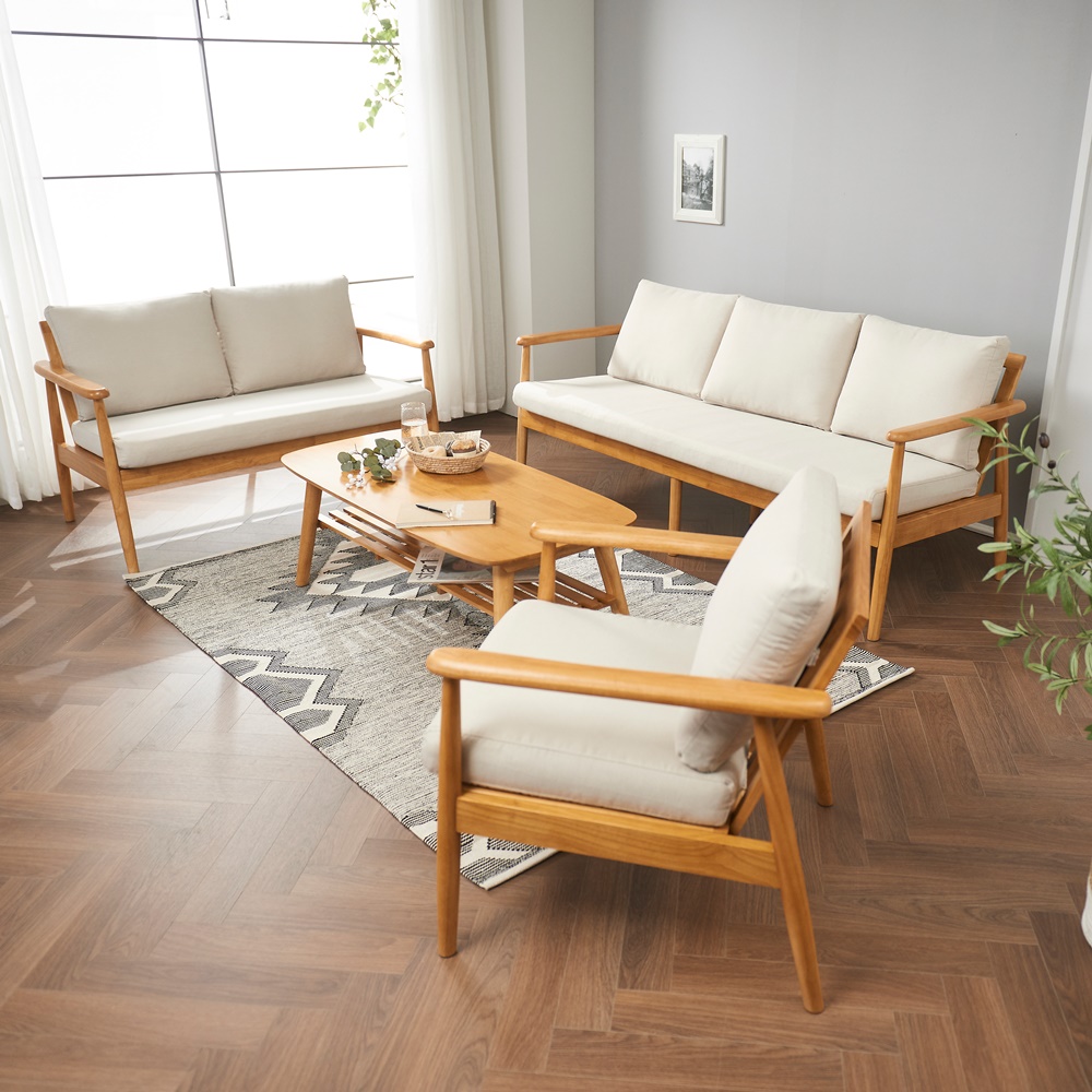 우드 소파 나무 거실 카페 미니 리빙다이닝 베이지 원목 페브릭 소파 베이지 1인용