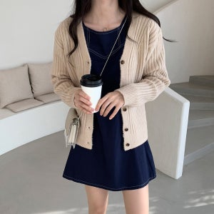 (6색)베이지 갈색 루즈핏 도톰 골지 브이넥 가디건