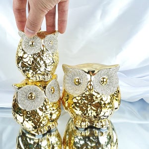 집안에 재물 물어오는 배불뚝이 황금 골드 부엉이 세가족 생기 인테리어 장식품 도자기 소품