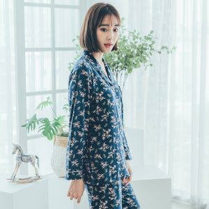 여성잠옷세트 피치기모 긴팔 플라워 카라 파자마 홈웨어