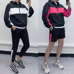 앞배색 바람막이 남자 트레이닝복세트 아노락 후드 조거팬츠 반바지
