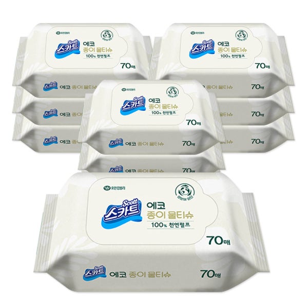 유한킴벌리 생분해물티슈 천연펄프 에코 종이 물티슈 70매 10팩