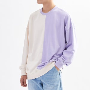 크림배색 남자 맨투맨 오버핏 커플 무지 긴팔티셔츠