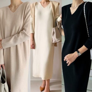 브이넥 루즈핏 맥시 롱 니트 원피스 빅사이즈 봄 겨울 아이보리 하객룩 오피스