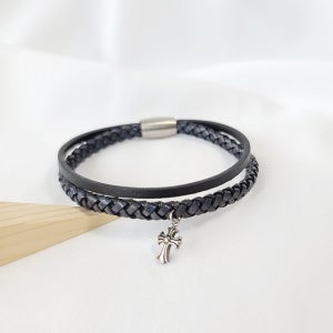 십자가 2줄 가죽팔찌 남여 커플 써지컬스틸