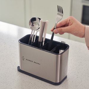 빈플러스 스텐 수저통 물빠짐 수저꽂이 조리도구 보관통 정리함 사각 메탈 실버 M