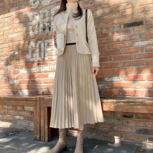 [설+선물기획전] 울 플리츠 가을 겨울 모직 밴딩 플레어 롱 스커트