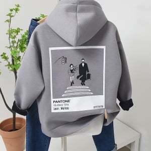 남자 팬톤 사각 프린팅 오버핏 네오프렌 커플 후드티