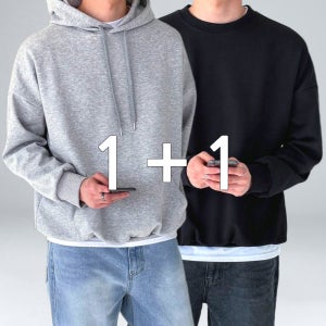 1+1 남자 맨투맨 기모 겨울 오버핏 남성 후드티 무지 긴팔 티셔츠