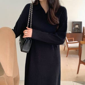 477 루즈핏 골지 카라 니트 롱 원피스 블랙 봄