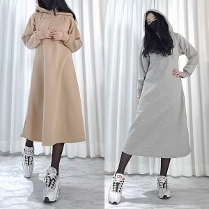 여성 캐주얼 A라인 루즈핏 라글란 기모 후드 맨투맨 롱 원피스 가을 겨울 트레이닝