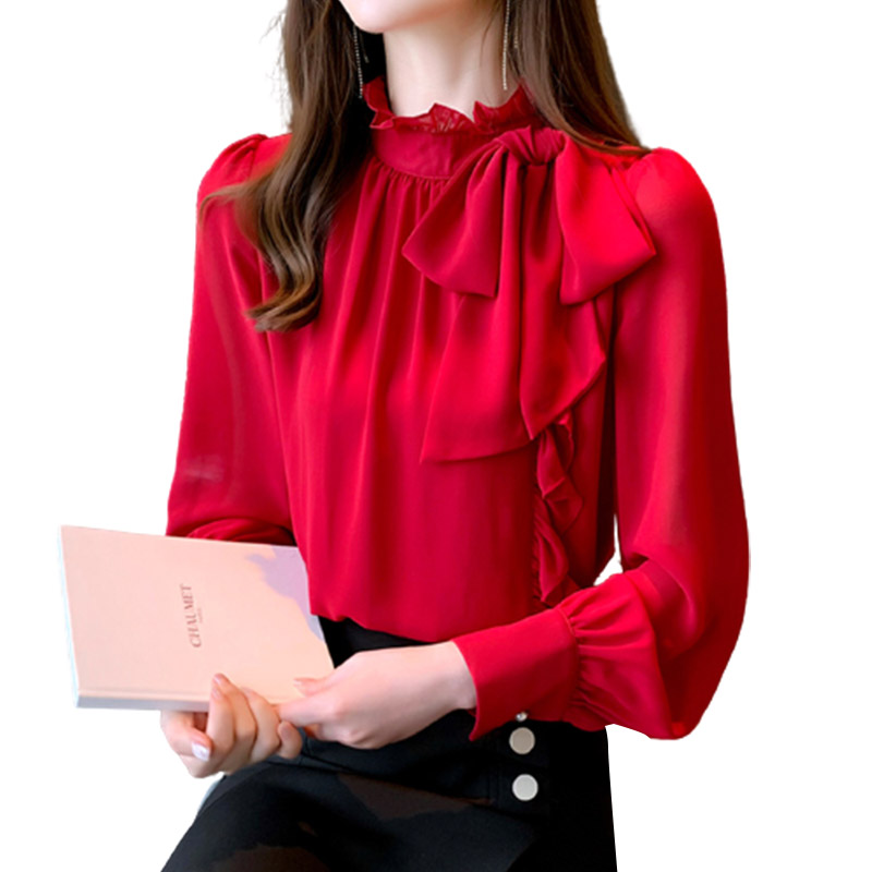 2021 리본 루즈핏 프릴 셔츠 블라우스 쉬폰 레드 실크 수입 봄 가을 패션 탑