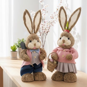 짚단 토끼 인형 65cm 2개 세트 봄 정원 장식 부활절 소품