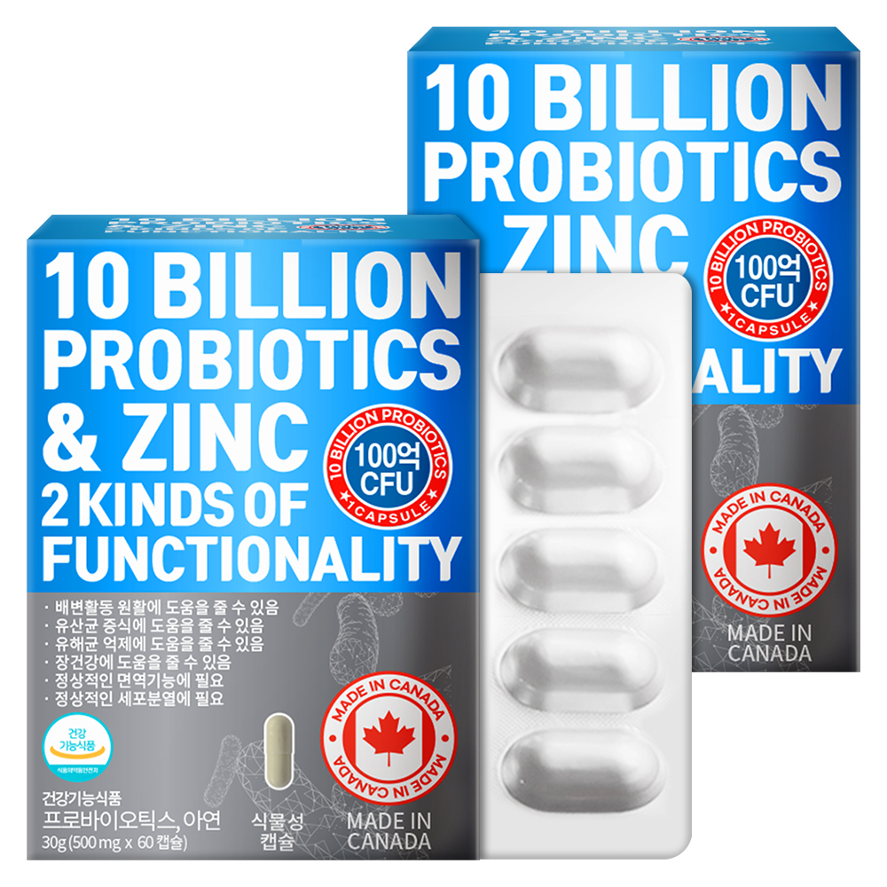 <b>100억</b>보장 <b>프로바이오틱스</b> <b>17종</b> 생유산균 아연 캐나다직수입 500mg 60캡슐, 2개