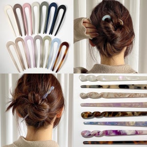 올림머리 비녀 U자 무광 셀룰로오스 2종 업스타일 프랑스핀 똥머리 호피 자개 마블 뒤꽂이