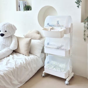 뉴코코맘 이동식트롤리 3단 틈새선반 뚜껑 트레이