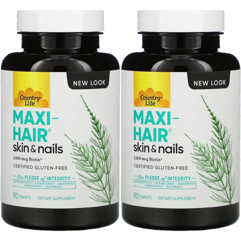 <b>Country Life</b> Maxi-Hair Skin Nails <b>컨트리 라이프</b> 비오틴 2000mcg 멀티비타민 종합비타민 요오드 아연 셀레늄 <b>구리</b> MSM 함유 90정 2병