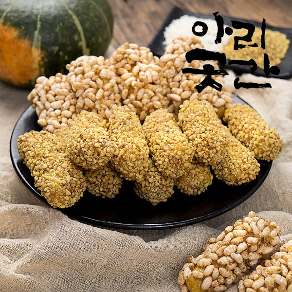 정선 5일장 명물 아리곳간 전통찹쌀유과 / 단호박찹쌀유과 / 수수조청사용 / 무설탕 / 현미백미메밀 혼합 / 400g 이상