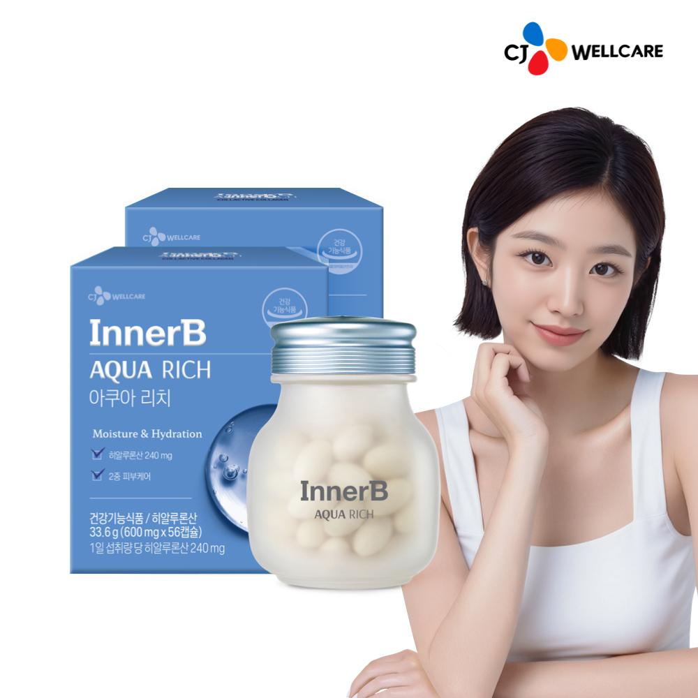 CJ 이너비 아쿠아리치 먹는 <b>히알루론산</b> 피부보습 자외선케어 엘라스틴 56캡슐, 2개
