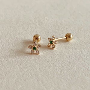 14k 라임 플라워 큐빅 피어싱 은은한 포인트 큐빅 금 귀걸이