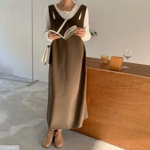 조이 펀칭 뷔스티에 루즈핏 롱원피스 2color 제이플로우 봄 가을 멜빵 맥시 레이어드