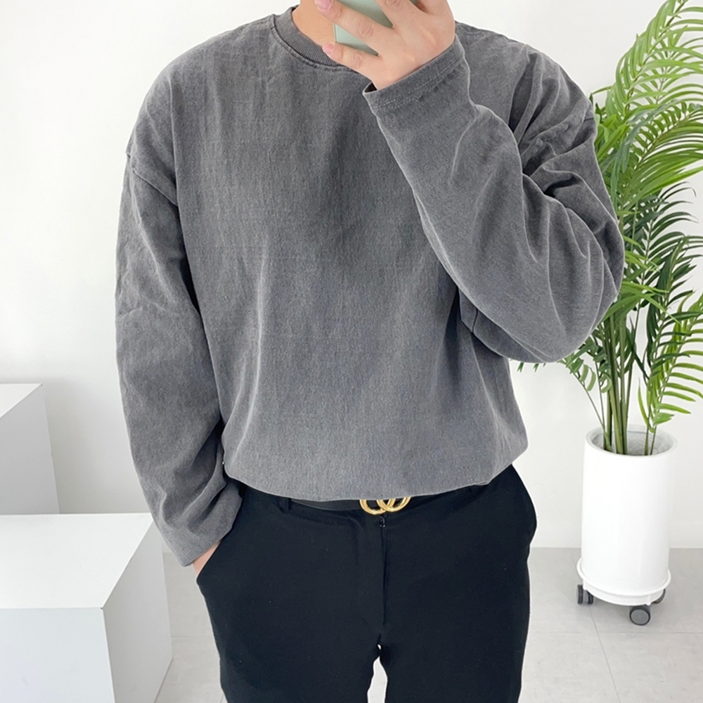 남자 봄 커플 빈티지 피그먼트 오버핏 민트색 긴팔 티셔츠 10color