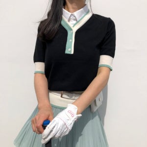 로로얼로이 썸머 여성골프웨어 에메랄드 브이넥 라인 반팔 니트 필드룩