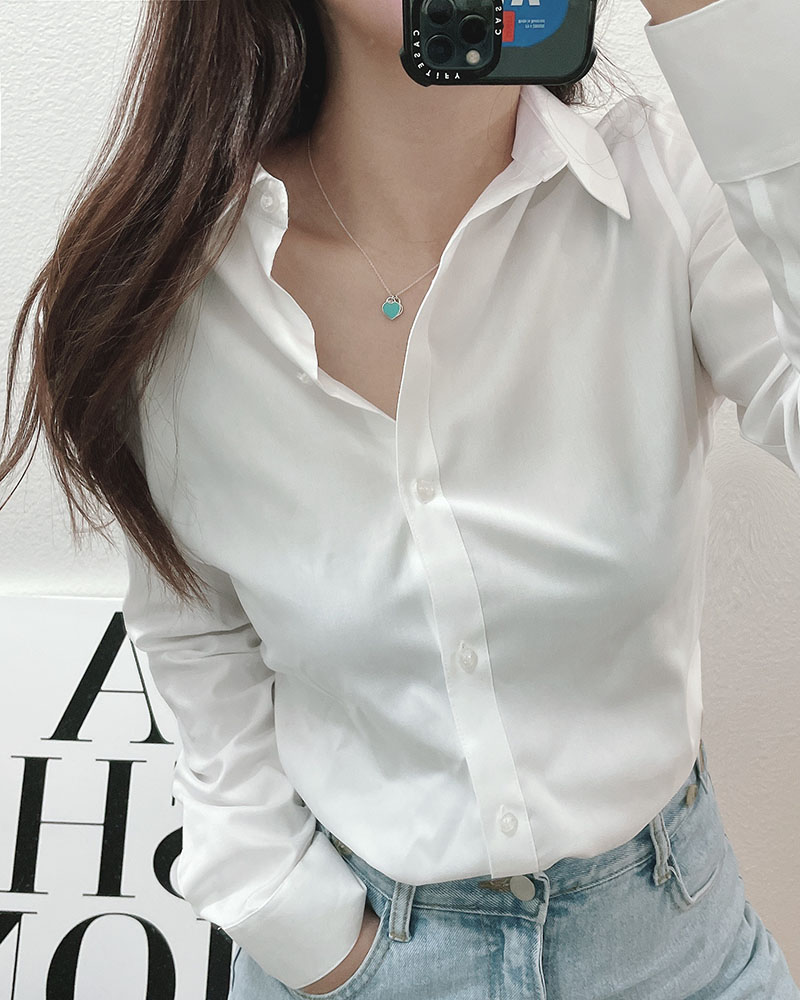 캘빈클라인 여성 논 아이론 화이트 코튼 긴팔 셔츠
