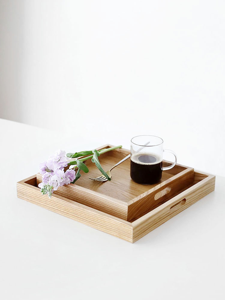 오반자이 카페스타일의 내추럴 우드 손잡이 트레이 중