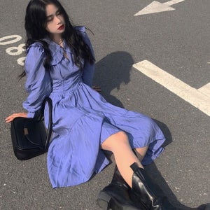 여성 보라색 프릴 봄 원피스