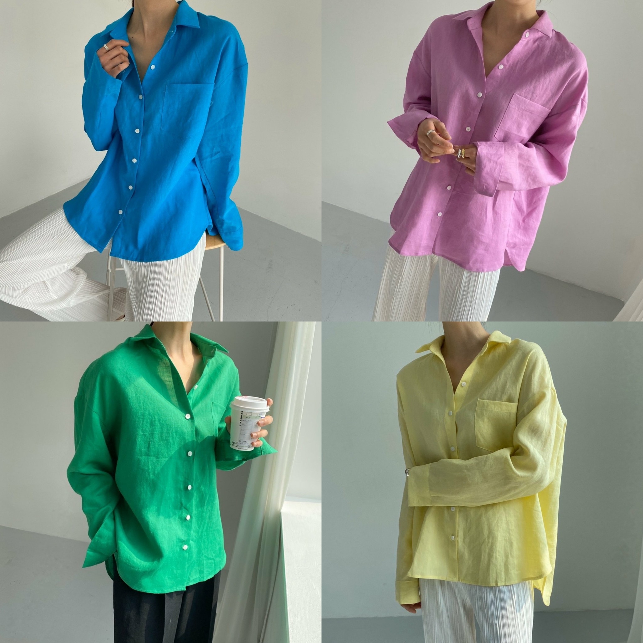 여름 린넨100 비비드 컬러풀 색감이예쁜 라미 남방 마 셔츠(그린 블루 옐로우 핑크)