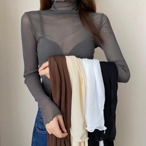 시스루 레이어드 목폴라 셔링 망사 그물 여름 폴라티