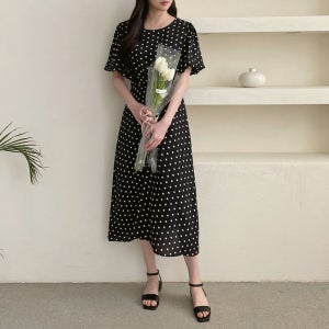 (세일)쉬폰 여름 라운드넥 슬립 반팔 롱 도트 원피스(블랙,아이보리)