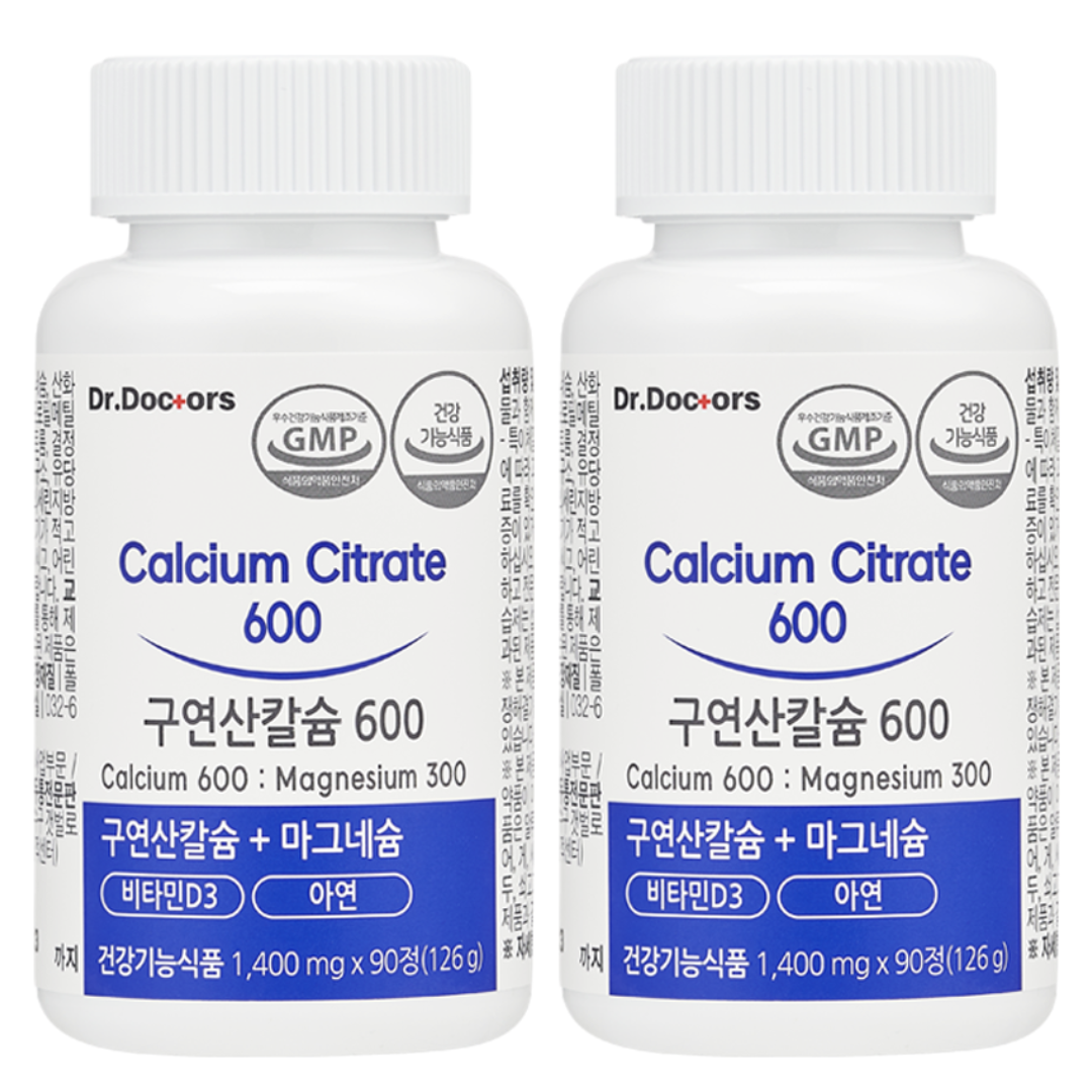 <b>닥터닥터스</b> 구연산 칼슘 600 칼마디 아연 비타민K2 90캡슐, 2개