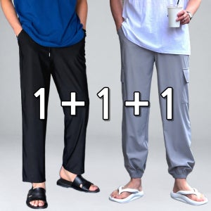 1+1+1 남자 냉장고바지 여름 쿨 냉감 스판 밴딩 와이드팬츠 카고 반바지 조거팬츠
