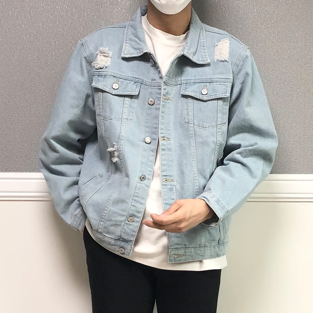 연청 중청 디스트로이드 오버핏 데미지 남자 청자켓