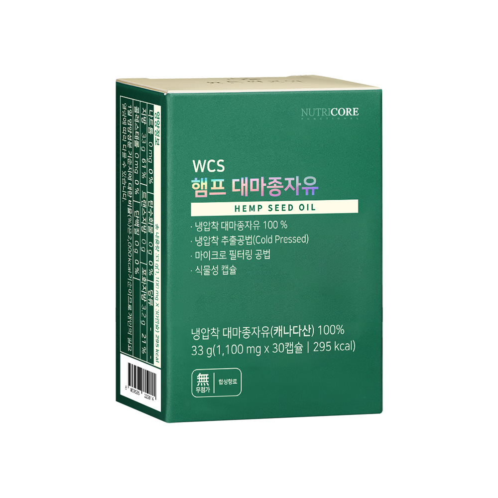 뉴트리코어 WCS <b>대마종자유</b> AOSCA, CSGA 인증 종자 <b>햄프씨드 오일</b> 1100mg x 30캡슐