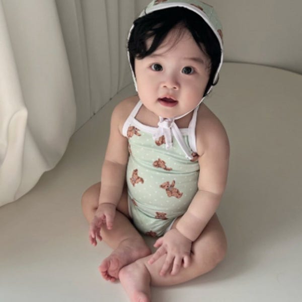 꽃곰보넷세트 민트곰 아기수영복 여아 유아 돌아기 6개월 신생아 100일 영아 영유아 남매