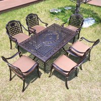 홈스월드 야외용 테이블 의자 6인 세트 주물 라탄 카페 정원 테라스 파라솔
