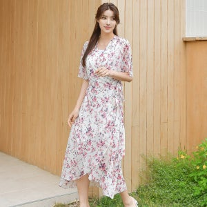 헤링본 쉬폰 여름 롱원피스 반팔 휴양지 바캉스룩 플라워 HE055