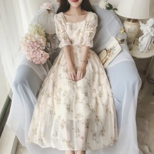 하늘하늘 꽃무늬 뒷리본 스퀘어넥 원피스