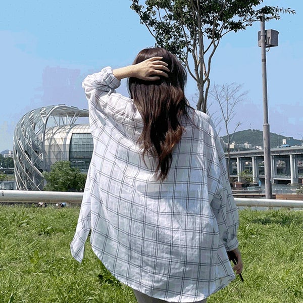 살안타템 체크 아사면 린넨 롱 블라우스 여성 여름 긴팔 거즈 면 남방 퍼프 구김없는 셔츠