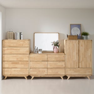 [우드와나] 고무나무 네추럴 라운드 원목 900 5단 서랍장