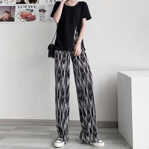 실크 여성 쉬폰 타이다이 하이웨스트 스트레이트 캐주얼 스판 밴딩 와이드 플리츠팬츠